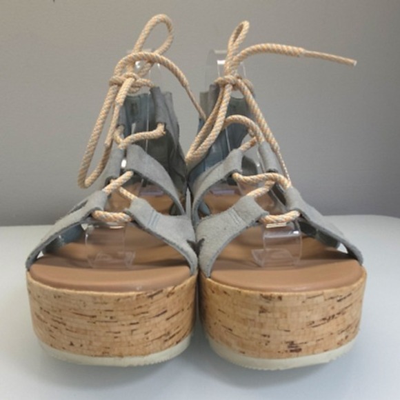 Sorel Sandals Women 8 Cameron Blue Flatform Lace Up Cork Suede Gladiator Wedge - Picture 3 of 10